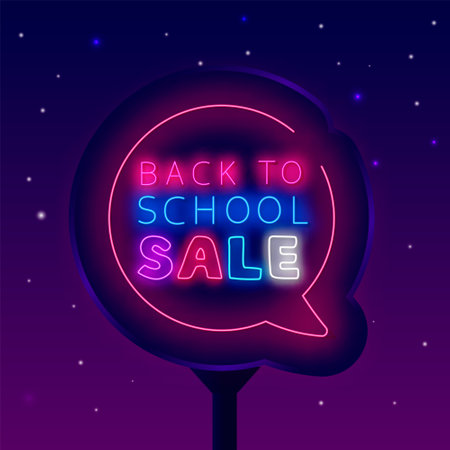 Back to school sale neon street billboard. Glowing outdoor advertising. shopping typography design. Speech bubble frame. education design. special offer. Glowing banner. Vector stock illustrationの写真素材