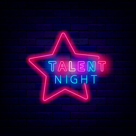 Talent night neon label. Star shape frame. Celebrity competition Shiny typography on brick wall. Concert and award. Bright banner. Editing text. Vector stock illustrationのイラスト素材
