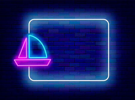 Sea cruise neon advertising. Summer vacation. Empty white frame and ship symbol. Beach club sign. Travel and journey. Copy space. Glowing flyer. Editing text. Vector stock illustrationのイラスト素材