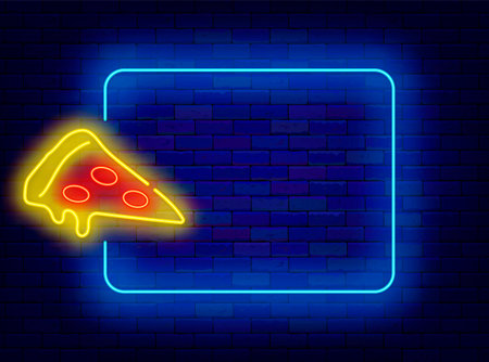 Pizzeria neon poster. Italian national food. Pizza slice and empty turquoise frame. Cafe, restaurant greeting card. Copy space. Editing text. Vector stock illustrationのイラスト素材
