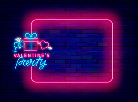 Valentines party neon invitation. February romantic holiday. Empty pink frame. Present, heart and drink glasses. Glowing flyer on brick wall. Shiny advertising. Editing text. Vector stock illustrationのイラスト素材