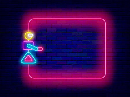 Neural network neon flyer. Robot helper. Human bot and empty pink frame. Futuristic technology. Artificial intelligence. Copy space. Glowing poster. Editable stroke. Vector stock illustrationのイラスト素材