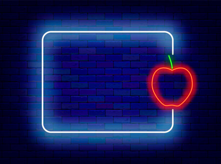Fruit shop neon flyer. Summer party. Empty white frame with red apple symbol. Garden festival greeting card. Copy space. Bright flyer. Glowing poster. Editable stroke. Vector stock illustrationのイラスト素材