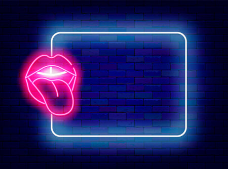 Sex shop and beauty cosmetics store neon poster. Romantic open mouth with tongue. Woman lips and empty white frame. Shiny greeting card. Copy space. Editing text. Vector stock illustrationのイラスト素材