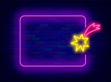 Cosmos neon announcement. Energy and electricity. Flying comet and empty purple frame. Firework concept. Sales and news. Greeting card. Copy space. Editable stroke. Vector stock illustrationのイラスト素材