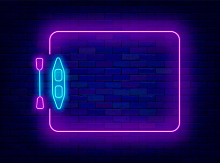 Stand up paddle board neon advertising. SUP-board. Summer vacation. Empty purple frame. Sea sport. Water activity. Beach club greeting card. Copy space. Editing text. Vector stock illustrationのイラスト素材
