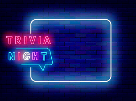 Trivia night neon poster. Quiz time banner. Greeting card. Empty white frame and colorful typography. TV show event. Glowing flyer. Copy space. Editable stroke. Vector stock illustrationのイラスト素材