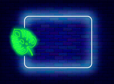 Summer vacation neon advertising. Coast club banner. Empty white frame with exotic leaf. Hotel greeting card. Travel concept. Space for text. Glowing poster. Editable stroke. Vector stock illustrationのイラスト素材
