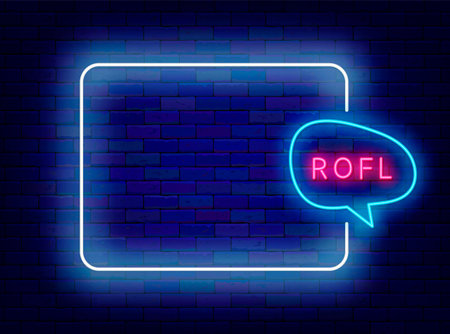 Funny neon online message. Internet chat concept. Empty white frame and Rolling On the Floor Laughing text in speech bubble. Copy space. Editing text. Vector stock illustrationのイラスト素材