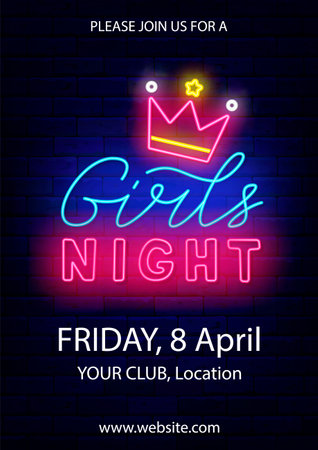 Night event neon label. Party poster design. Vertical poster template. Shiny banner. Editable stroke. Vector stock illustrationのイラスト素材