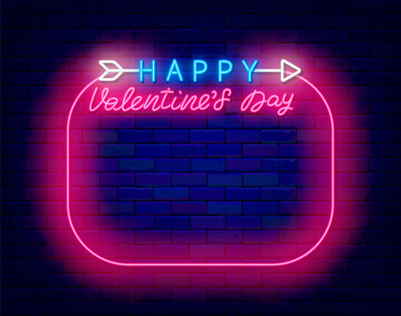 Happy Valentines day neon sign. February romantic holiday. Glowing pink frame with space for text. Shiny banner on brick wall background.のイラスト素材
