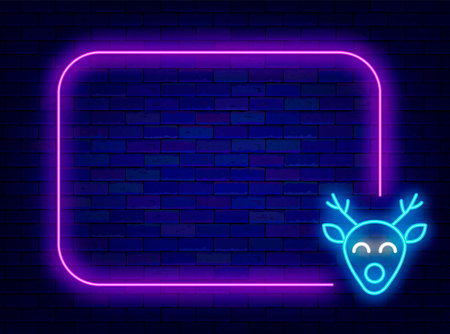 Merry Christmas neon banner with empty purple frame and deer design against brick wall background. Features glowing neon elements in purple and blue.のイラスト素材