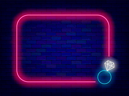 Neon poster with pink frame and glowing ring with diamond design against brick wall background. Empty frame design with decorative elements. Copy space. Editable stroke. Vector stock illustrationのイラスト素材