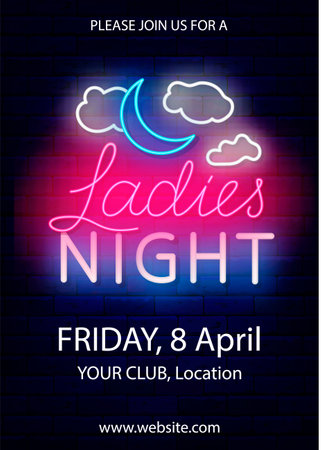 Ladies night neon poster. Moon and clouds. Vertical flyer template. Shiny banner. Editable stroke. Vector stock illustrationのイラスト素材