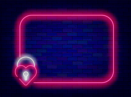 Happy Valentines day neon poster. Pink neon frame with heart-shaped lock against blue brick wall background. Empty frame design with glowing neon effect.のイラスト素材