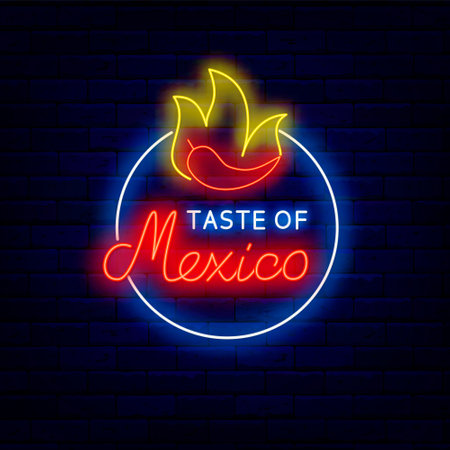 Taste of Mexico neon label. Hot pepper with fire. Mexican bar signboard. Glowing emblem. Editable stroke. Vector stock illustrationのイラスト素材