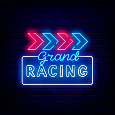 Grand racing neon sign. Motocross rally. Drift show and championship. Glowing banner on brick wall. Editable stroke. Vector stock illustrationのイラスト素材