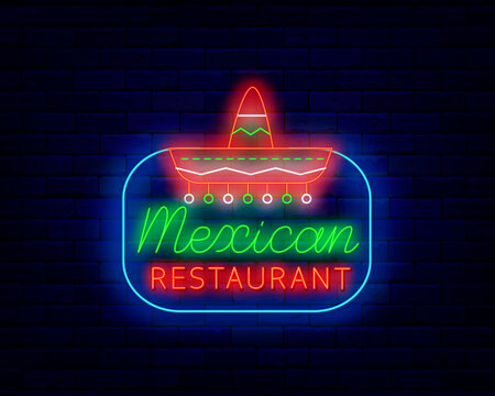 Mexican restaurant neon sign. Taste of Mexico. Sombrero icon. National cuisine. Glowing emblem. Editable stroke. Vector stock illustrationのイラスト素材