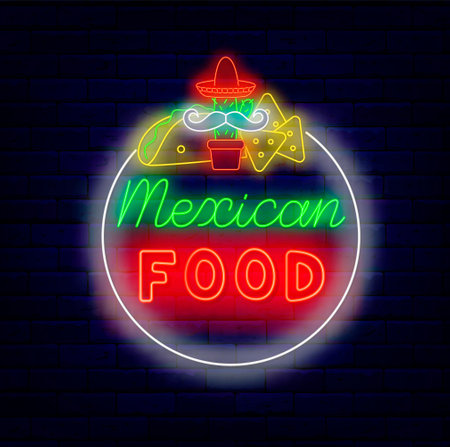 Mexican food neon sign. Taste of Mexico. Cactus with sombrero. National cuisine. Glowing badge. Editable stroke. Vector stock illustrationのイラスト素材