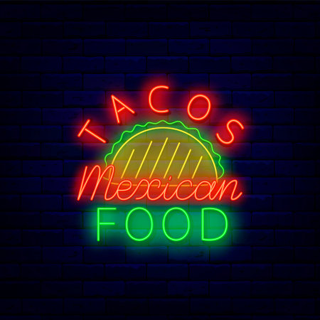 Tacos Mexican food. Street snack. Mexican bar neon label. Taste of Mexico. Light advertising. Glowing emblem. Editable stroke. Vector stock illustrationのイラスト素材