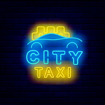 City taxi neon label. Public auto passenger transportation. Order and delivery. Glowing banner. Editable stroke. Vector stock illustrationのイラスト素材