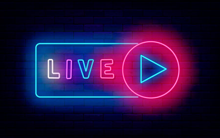 Live neon label. Online video and podcast. Web show. Social media sign. Internet chat. Glowing advertising. Game design. Editing text. Vector stock illustrationのイラスト素材