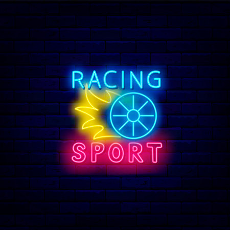 Racing sport neon label. Auto wheel with fire. Speed car tournament. Editable stroke. Vector stock illustrationのイラスト素材