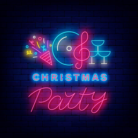 Christmas party neon emblem. Glowing advertising. Music disk, firework and drink glasses symbol. Season December event. Light banner. Vector stock illustrationのイラスト素材
