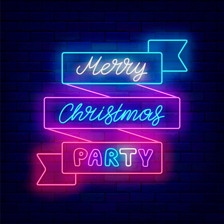 Merry Christmas party neon label. Ribbon frame. Colorful advertising with tape. December event. Glowing banner. Editable stroke. Vector stock illustrationのイラスト素材