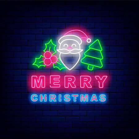 Merry Christmas neon signboard. Holiday greeting card. Shiny banner. Santa Claus, Christmas berries and tree. Luminous advertising. New Year invitation. Season holiday. Vector stock illustrationのイラスト素材