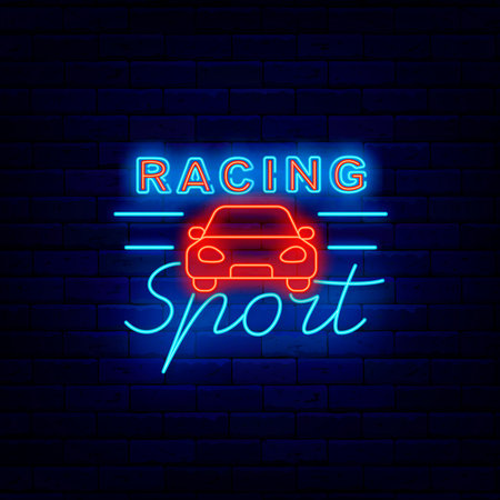 Racing sport neon label. Red car. Auto championship. Drift show. Transport tournament and rally. Editing text. Vector stock illustrationのイラスト素材