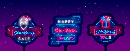 Happy New Year neon street billboards collection. December holiday emblem. Bright advertising set. Ribbon frame. Season greetings. Winter sale banner. Vector stock illustrationのイラスト素材