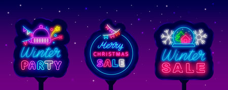 Merry Christmas and Winter sale. Happy New Year neon street billboards collection. December holiday emblem. Luminous outdoor advertising. Season greetings. Winter shopping. Vector illustrationのイラスト素材