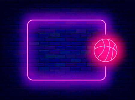 Volleyball neon greeting card. Sport club. Empty purple frame and ball. Copy space. Editable stroke. Vector stock illustrationのイラスト素材