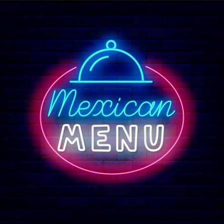 Mexican menu neon emblem. Dish icon. Mexico bar and restaurant. Editable stroke. Vector stock illustrationのイラスト素材