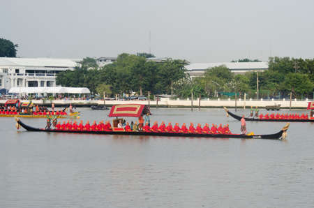 BANGKOK, THAILAND - NOVEMBER 6: Thai Royal barge travel down Chao Phaya river to celebrate King of...