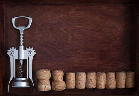 Corkscrew and a row of wine corks into dark boxの写真素材