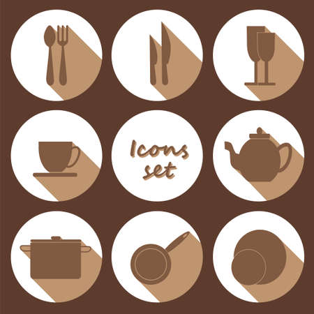 Vector round icons set of kitchen utensil in flat design styleのイラスト素材