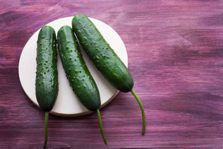 Three fresh cucumbers lying on a round boardの写真素材