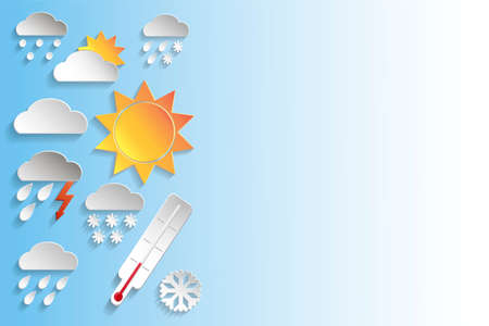 Weather signs in paper style on blue gradient background. Vector background or separate elementsのイラスト素材