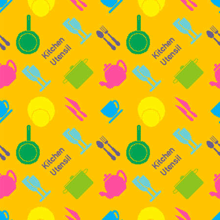 Seamless pattern of colored kitchen utensil in pixel art styleのイラスト素材
