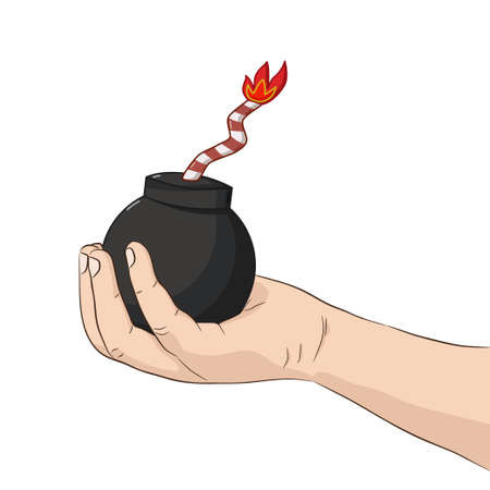 Isolated child's hand holding a bomb with a burning wickのイラスト素材