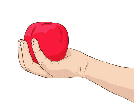 Isolated child's hand holding red apple in comics styleのイラスト素材