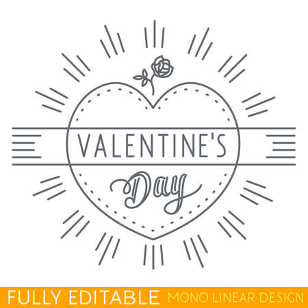 Happy Valentine Day. Shining heart with rose symbol of love. Modern thin line template. Fully editable curves. Mono linear pictogram of outline emblem. Stroke  icon concept.のイラスト素材