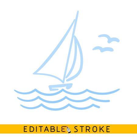 Sailing yacht in the sea icon. Line doodle sketch. Editable stroke icon.のイラスト素材