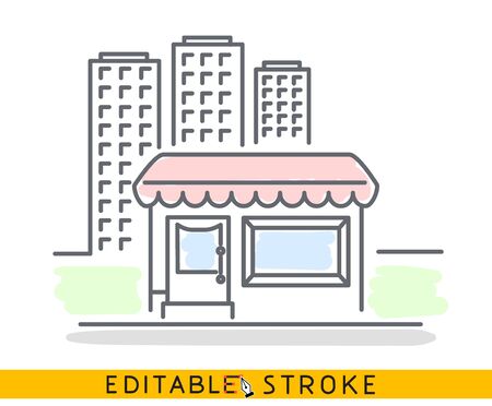 Building of small shop or company and big residential or business skyscrapers. Sketch line flat design of commerce architecture. Storefront illustration concept. Editable outlines stroke - Vectorのイラスト素材
