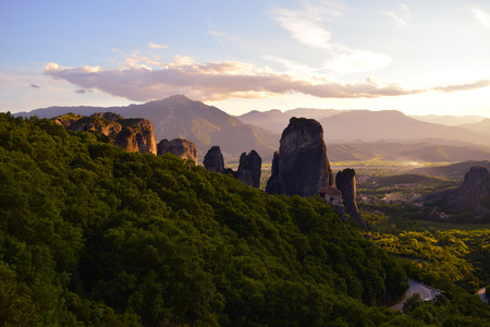 Meteora in Greece Cliffs, kalambaka sunset monasteriesの写真素材