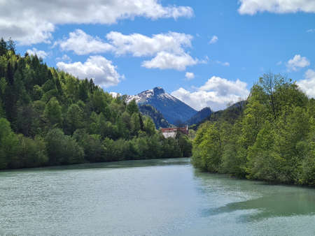 Mountain landscape with a river and a forest on a sunny day