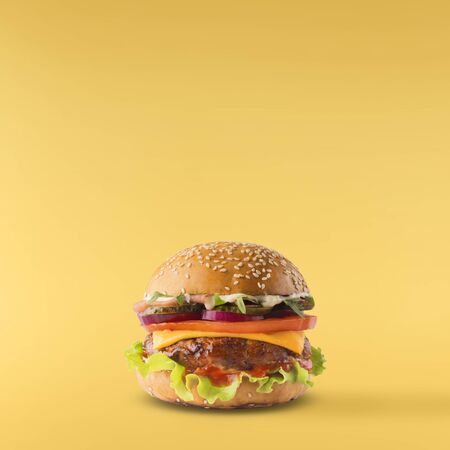Delicious burger isolated on yellow backgroundの写真素材