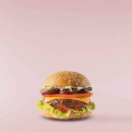 Delicious burger isolated on pink backgroundの写真素材